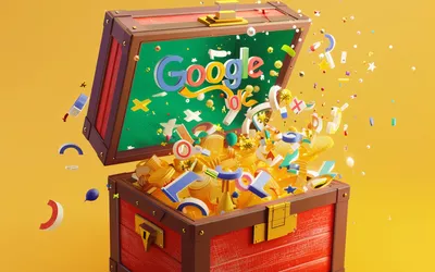 Eine bunte Schatztruhe von Google aus der Gold und Buchstaben fallen